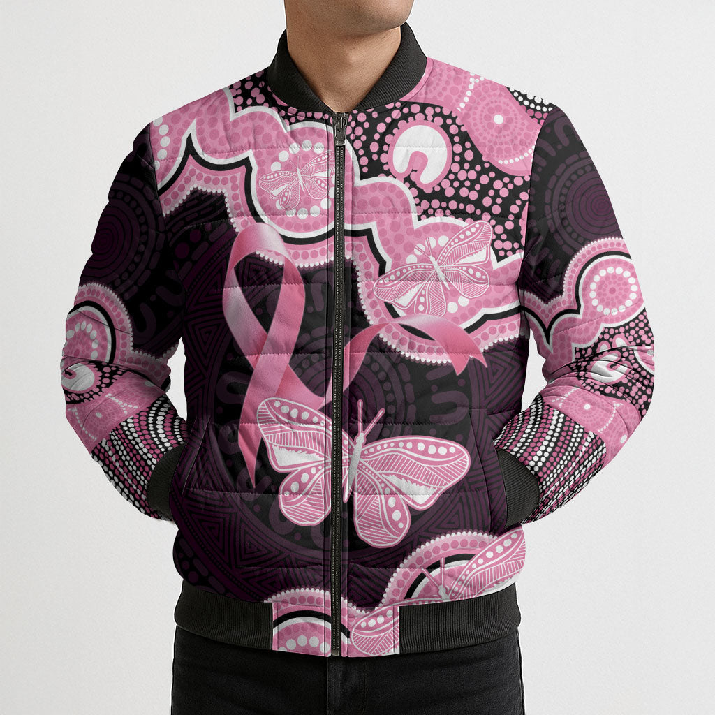 Australia Indigenous Bomber Puffer Jacket Pink Ribbon Breast Cancer Butterfly Aboriginal Black