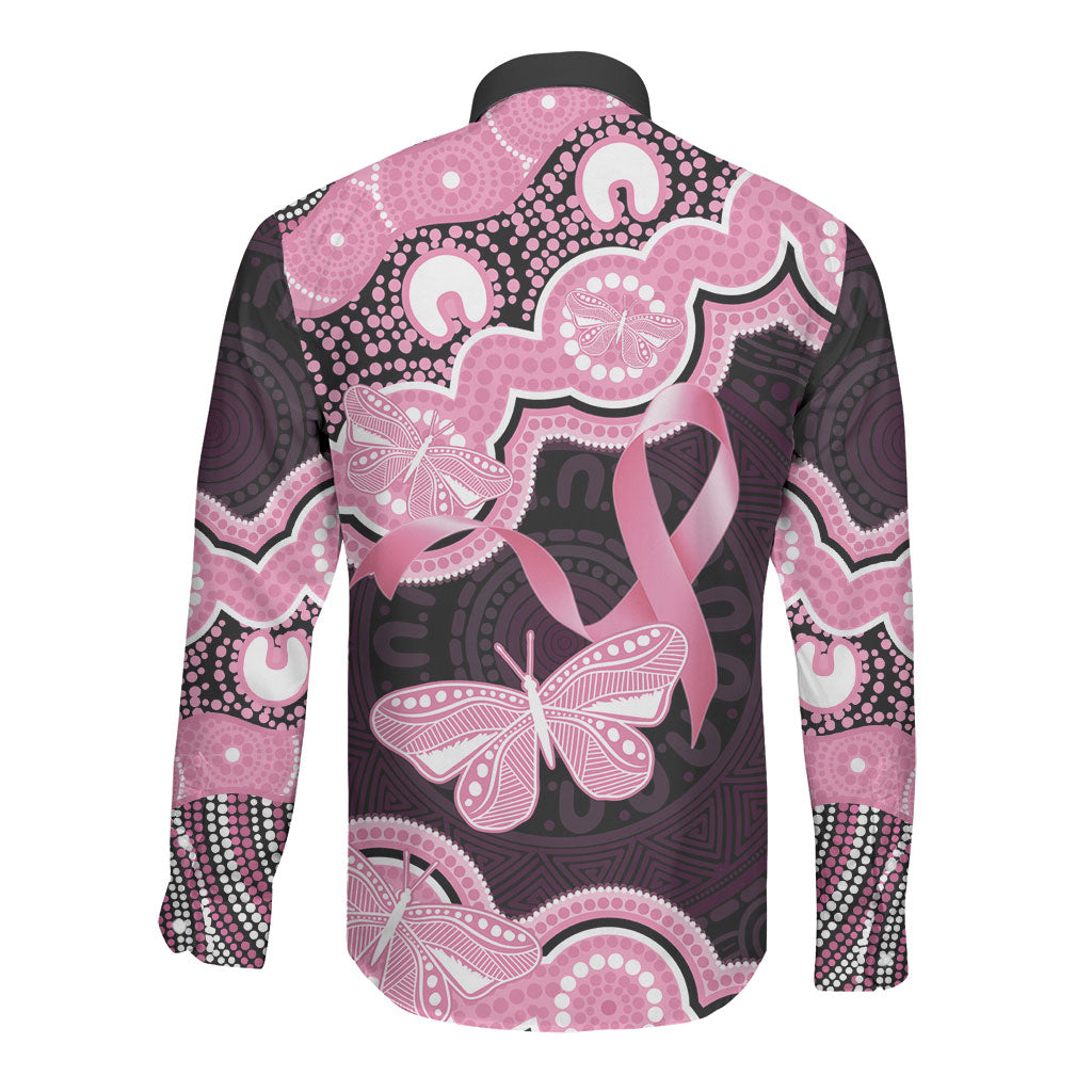 Australia Indigenous Long Sleeve Button Shirt Pink Ribbon Breast Cancer Butterfly Aboriginal Black