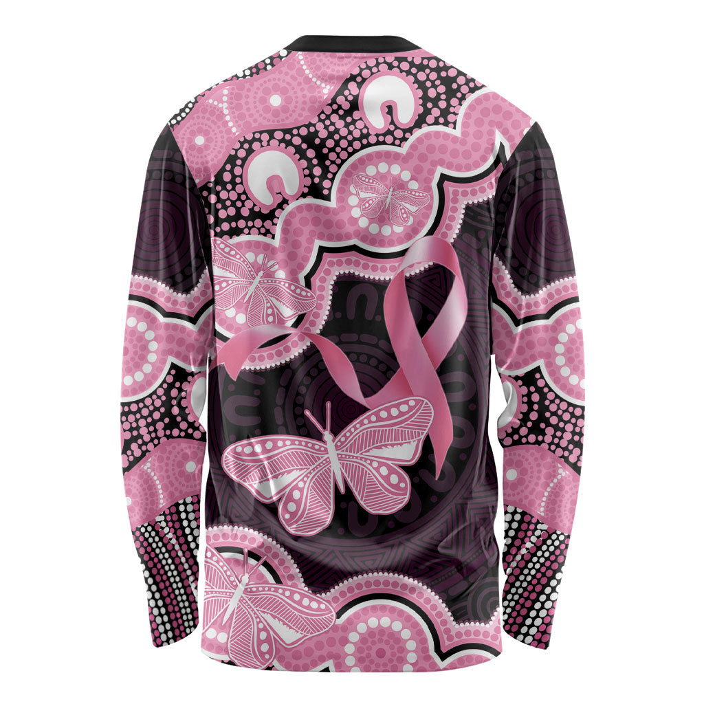 Australia Indigenous Long Sleeve Shirt Pink Ribbon Breast Cancer Butterfly Aboriginal Black