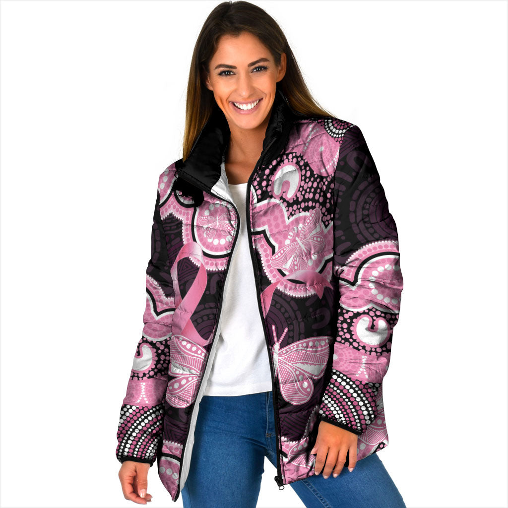 Australia Indigenous Padded Jacket Pink Ribbon Breast Cancer Butterfly Aboriginal Black