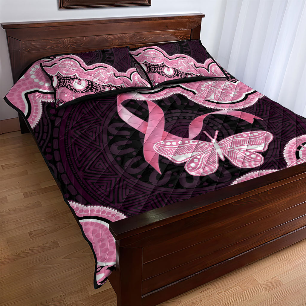 Australia Indigenous Quilt Bed Set Pink Ribbon Breast Cancer Butterfly Aboriginal Black