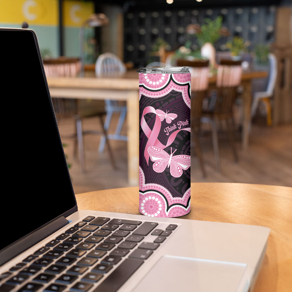 Australia Indigenous Skinny Tumbler Pink Ribbon Breast Cancer Butterfly Aboriginal Black