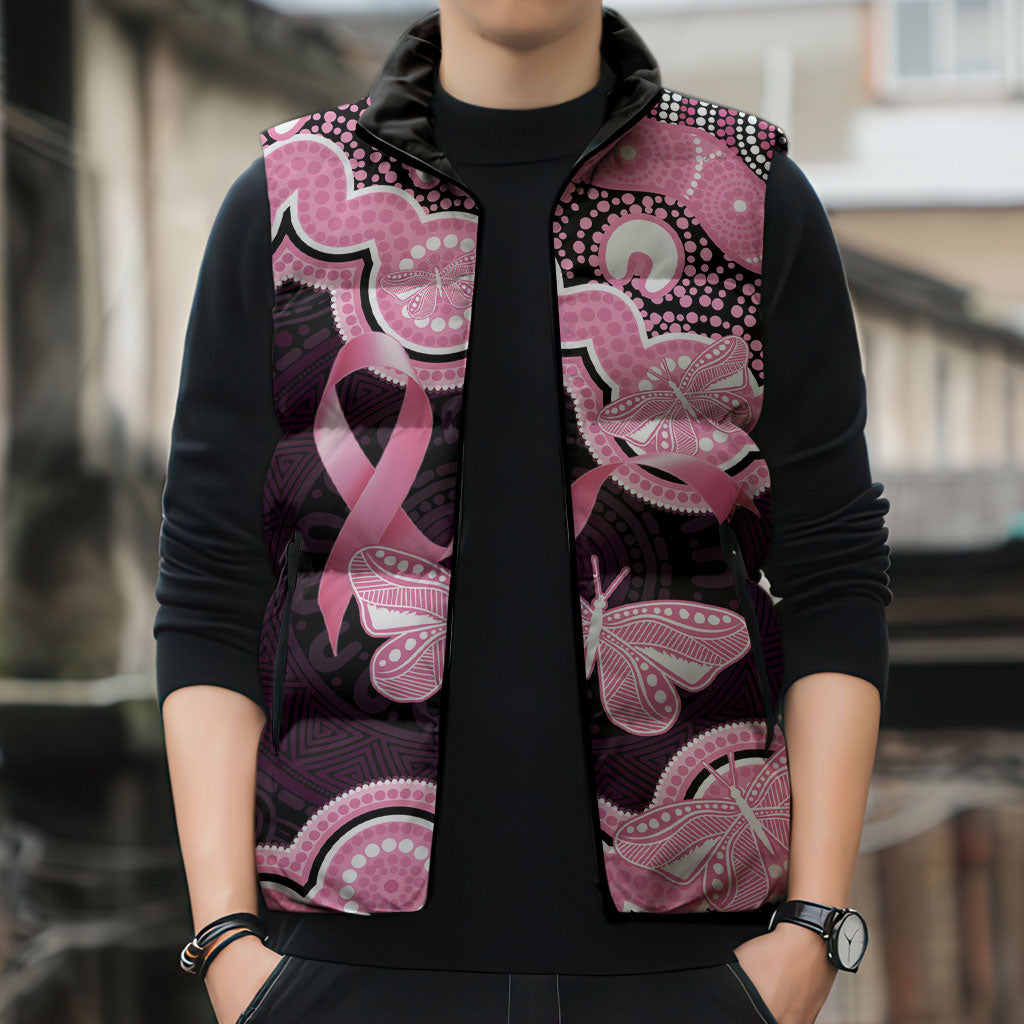 Australia Indigenous Sleeveless Puffer Jacket Pink Ribbon Breast Cancer Butterfly Aboriginal Black