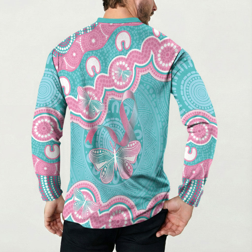 Hereditary And Gynecologic Cancer Support Button Sweatshirt Teal Pink Ribbon Aboriginal Art
