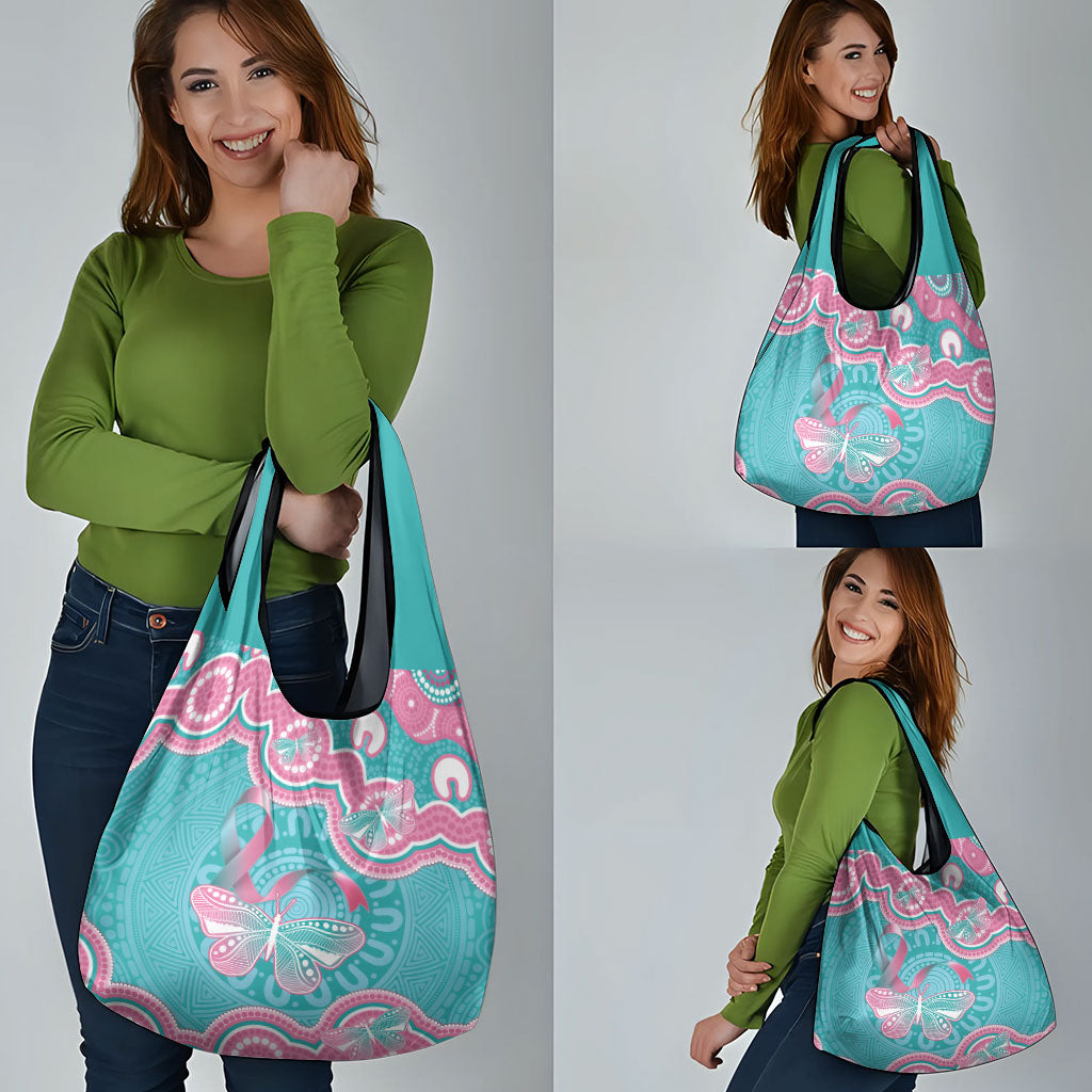 Hereditary And Gynecologic Cancer Support Grocery Bag Teal Pink Ribbon Aboriginal Art