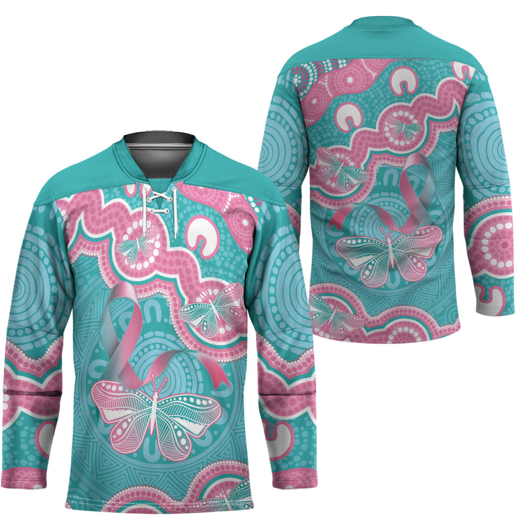 Hereditary And Gynecologic Cancer Support Hockey Jersey Teal Pink Ribbon Aboriginal Art