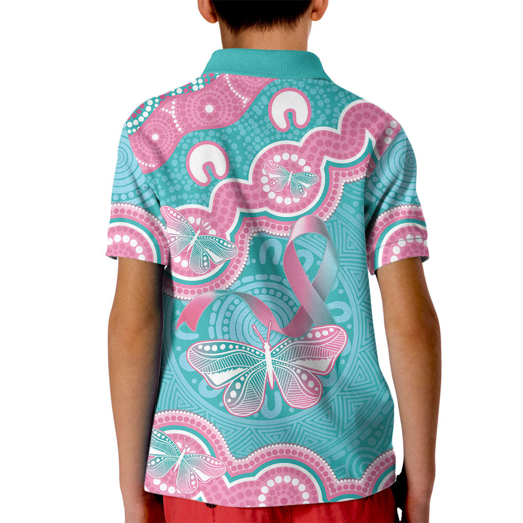 Hereditary And Gynecologic Cancer Support Kid Polo Shirt Teal Pink Ribbon Aboriginal Art