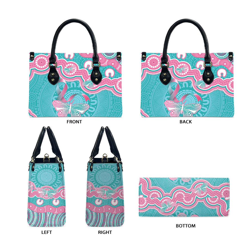 Hereditary And Gynecologic Cancer Support Leather Bag Teal Pink Ribbon Aboriginal Art