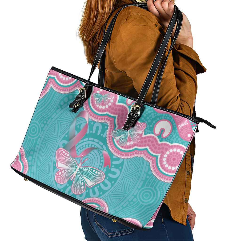Hereditary And Gynecologic Cancer Support Leather Tote Bag Teal Pink Ribbon Aboriginal Art