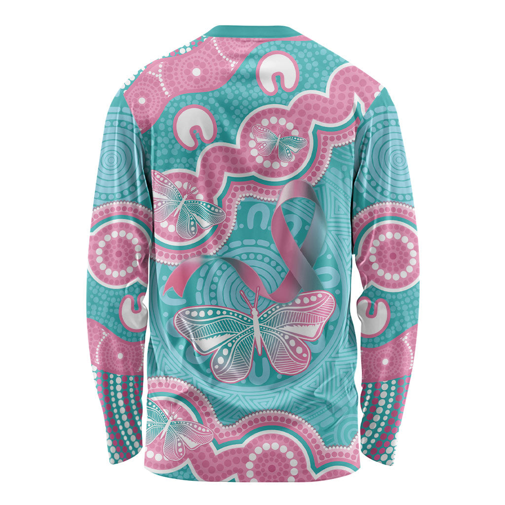 Hereditary And Gynecologic Cancer Support Long Sleeve Shirt Teal Pink Ribbon Aboriginal Art