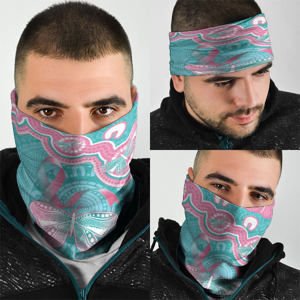 Hereditary And Gynecologic Cancer Support Neck Gaiter Teal Pink Ribbon Aboriginal Art