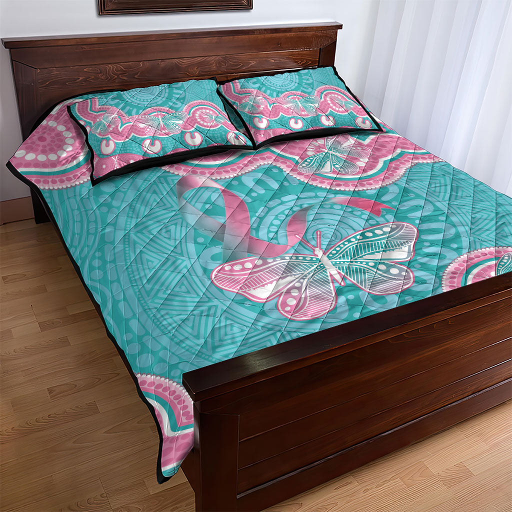 Hereditary And Gynecologic Cancer Support Quilt Bed Set Teal Pink Ribbon Aboriginal Art