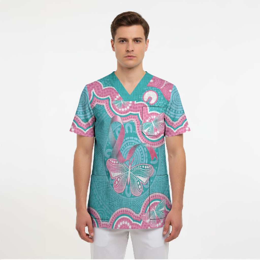 Hereditary And Gynecologic Cancer Support Scrub Top Teal Pink Ribbon Aboriginal Art