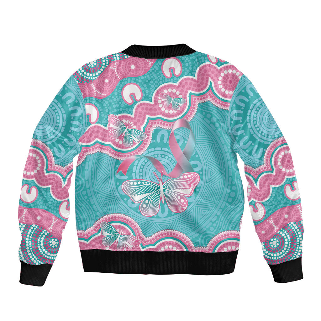Hereditary And Gynecologic Cancer Support Sleeve Zip Bomber Jacket Teal Pink Ribbon Aboriginal Art