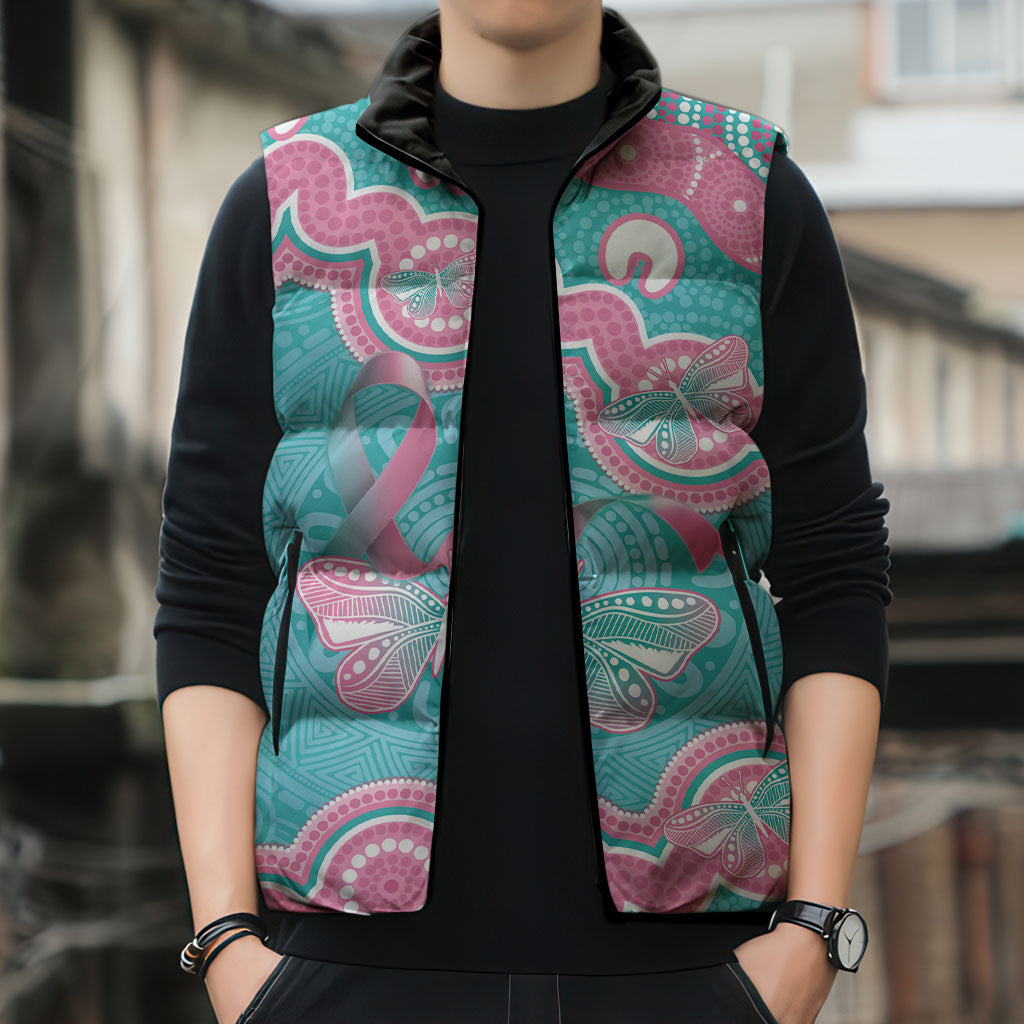 Hereditary And Gynecologic Cancer Support Sleeveless Puffer Jacket Teal Pink Ribbon Aboriginal Art