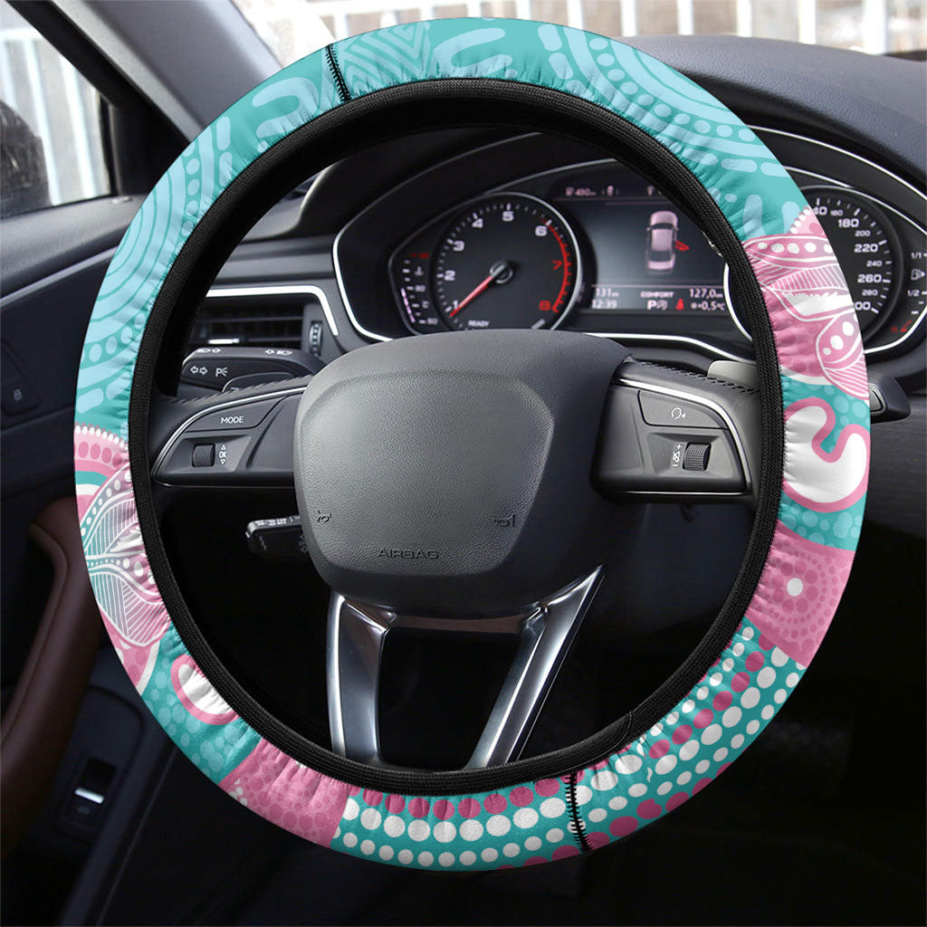 Hereditary And Gynecologic Cancer Support Steering Wheel Cover Teal Pink Ribbon Aboriginal Art