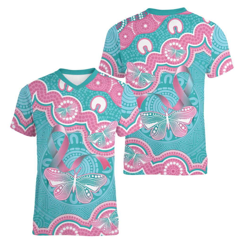 Hereditary And Gynecologic Cancer Support Women V-Neck T-Shirt Teal Pink Ribbon Aboriginal Art