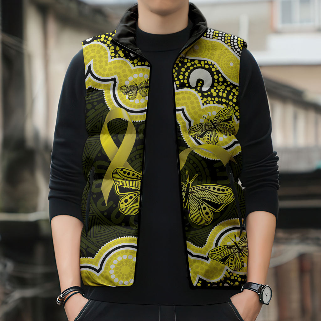 Yellow Ribbon Sarcoma Support Sleeveless Puffer Jacket Aboriginal Art