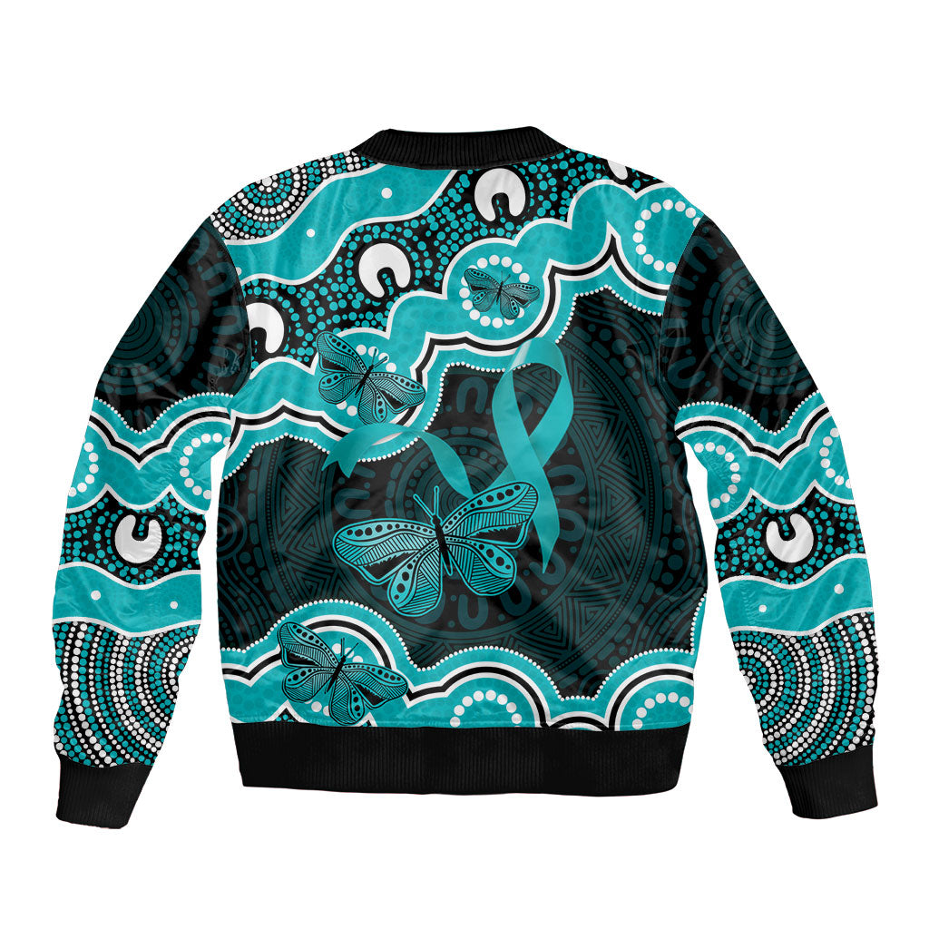 Cyan Ribbon PTSD Support Bomber Jacket Aboriginal Art