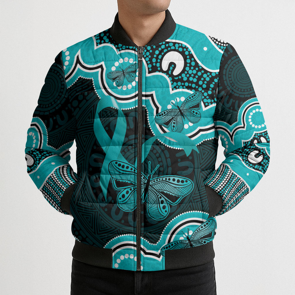 Cyan Ribbon PTSD Support Bomber Puffer Jacket Aboriginal Art