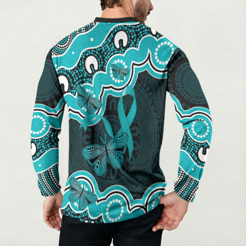 Cyan Ribbon PTSD Support Button Sweatshirt Aboriginal Art
