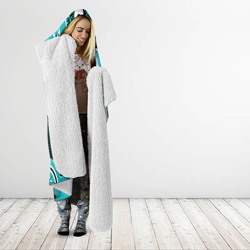 Cyan Ribbon PTSD Support Hooded Blanket Aboriginal Art