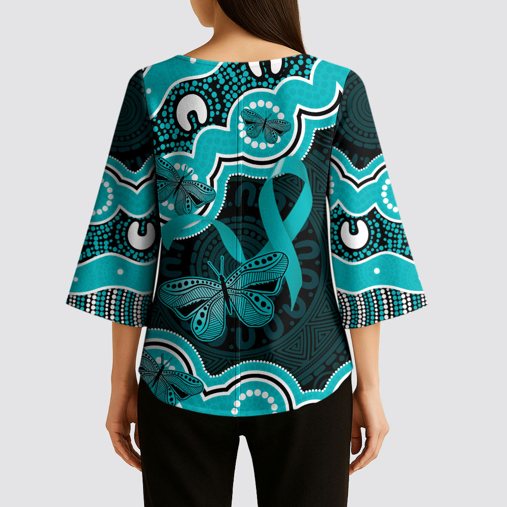 Cyan Ribbon PTSD Support Kimono Sleeve Blouse Aboriginal Art