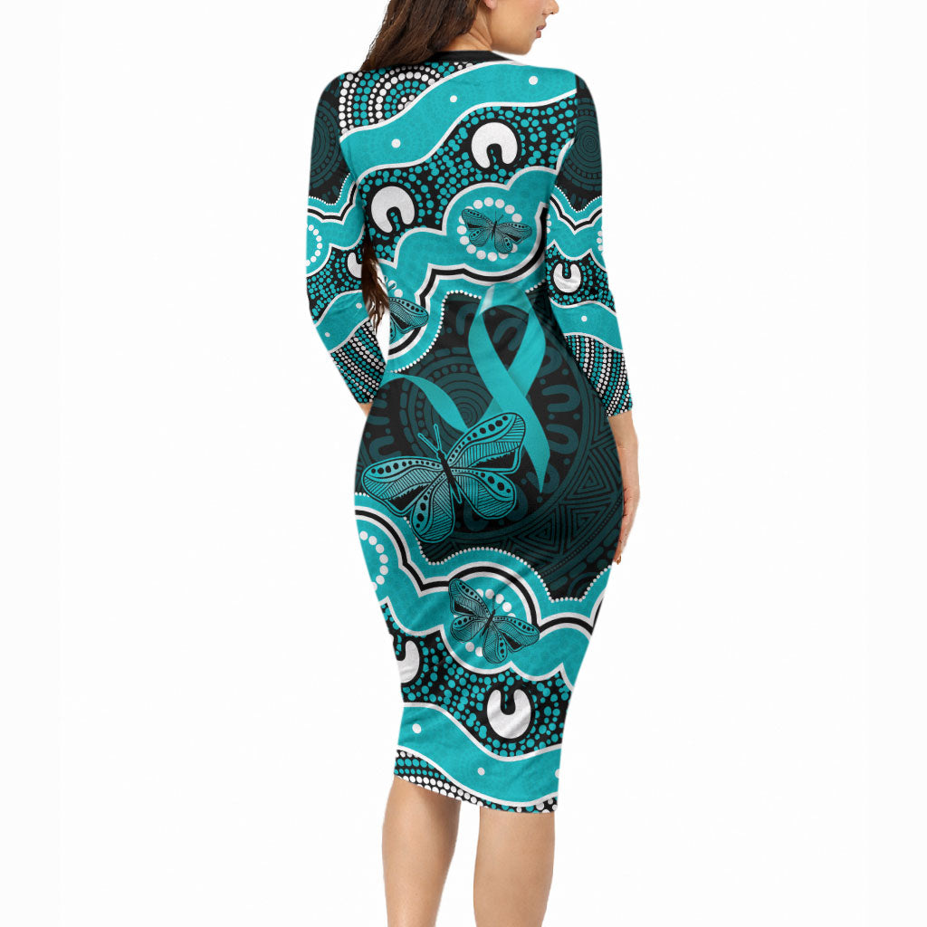Cyan Ribbon PTSD Support Long Sleeve Bodycon Dress Aboriginal Art