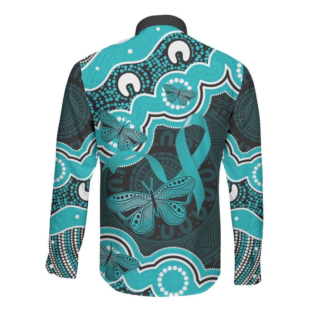 Cyan Ribbon PTSD Support Long Sleeve Button Shirt Aboriginal Art