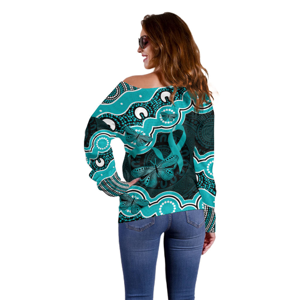 Cyan Ribbon PTSD Support Off Shoulder Sweater Aboriginal Art