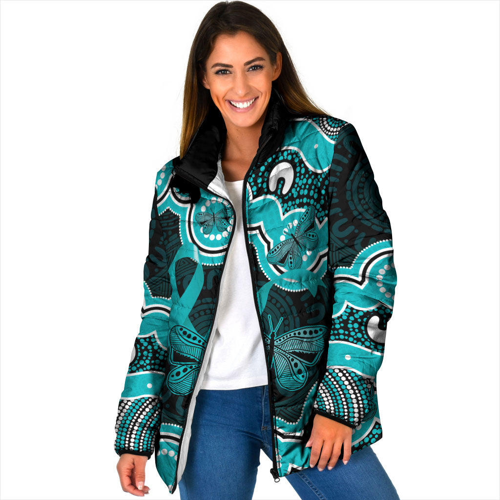 Cyan Ribbon PTSD Support Padded Jacket Aboriginal Art