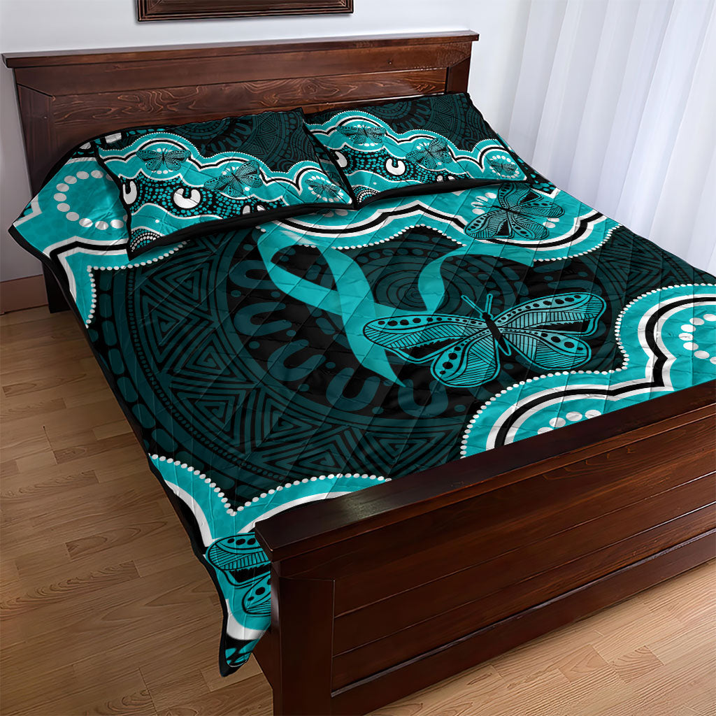 Cyan Ribbon PTSD Support Quilt Bed Set Aboriginal Art