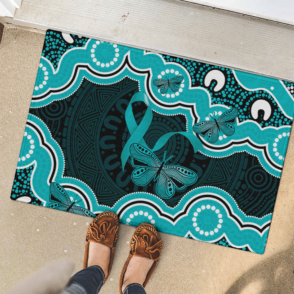 Cyan Ribbon PTSD Support Rubber Doormat Aboriginal Art