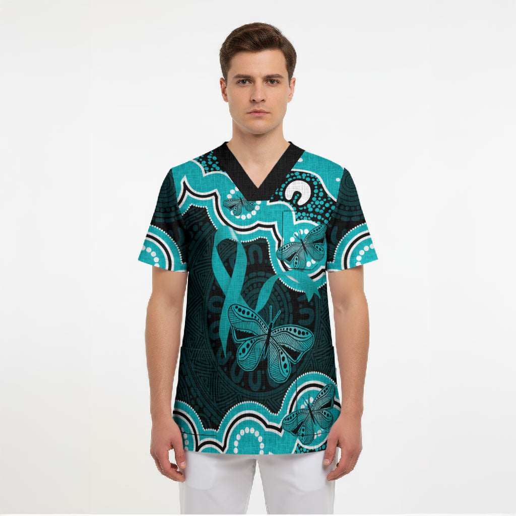Cyan Ribbon PTSD Support Scrub Top Aboriginal Art