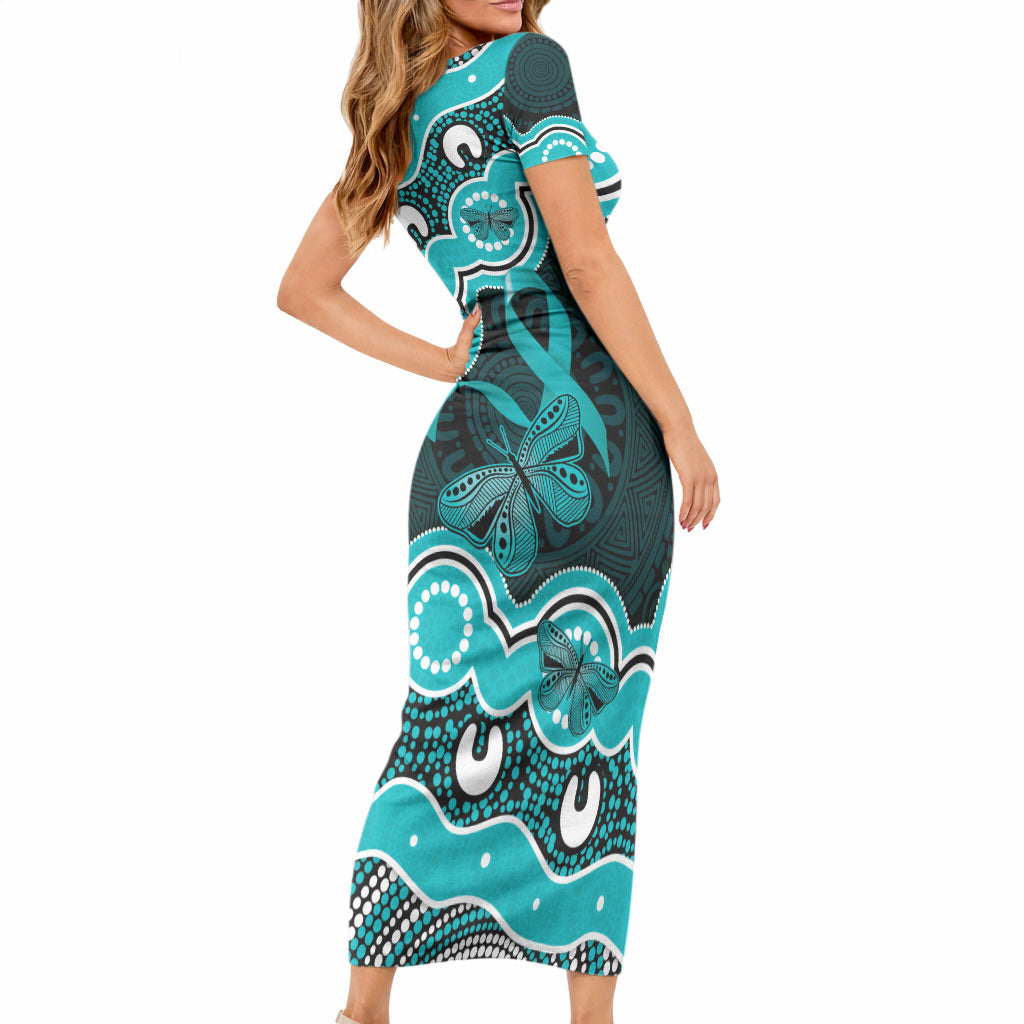 Cyan Ribbon PTSD Support Short Sleeve Bodycon Dress Aboriginal Art