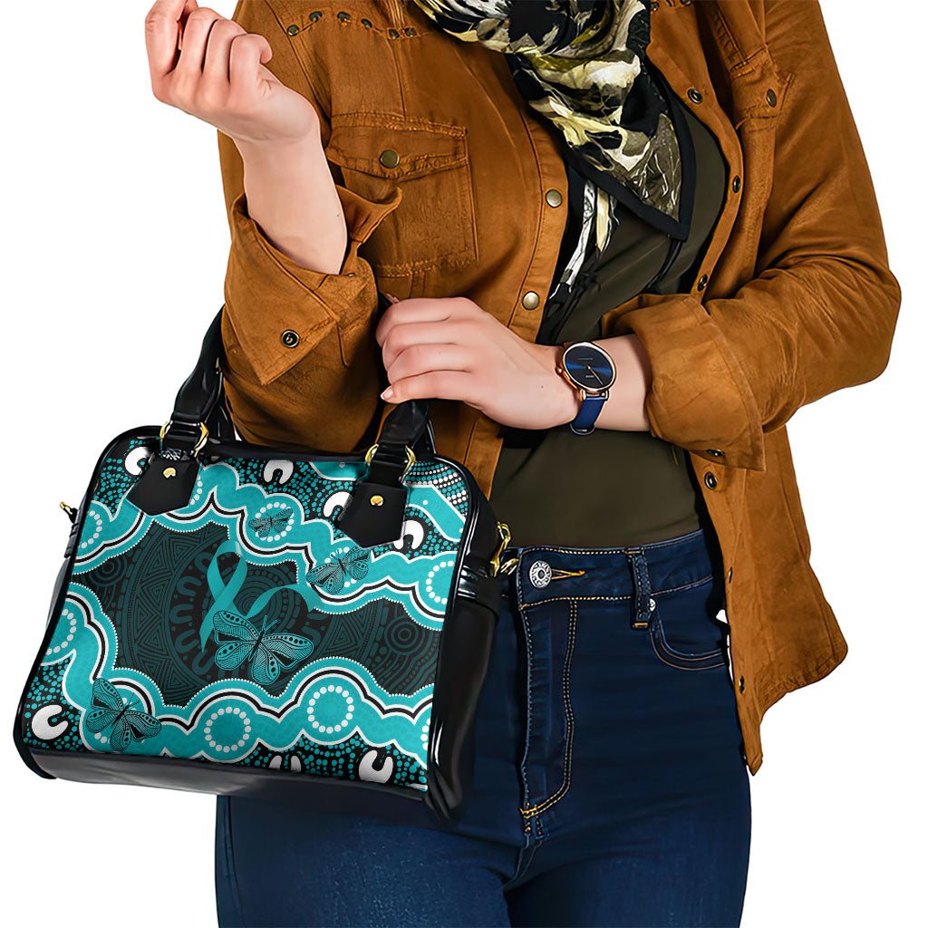 Cyan Ribbon PTSD Support Shoulder Handbag Aboriginal Art