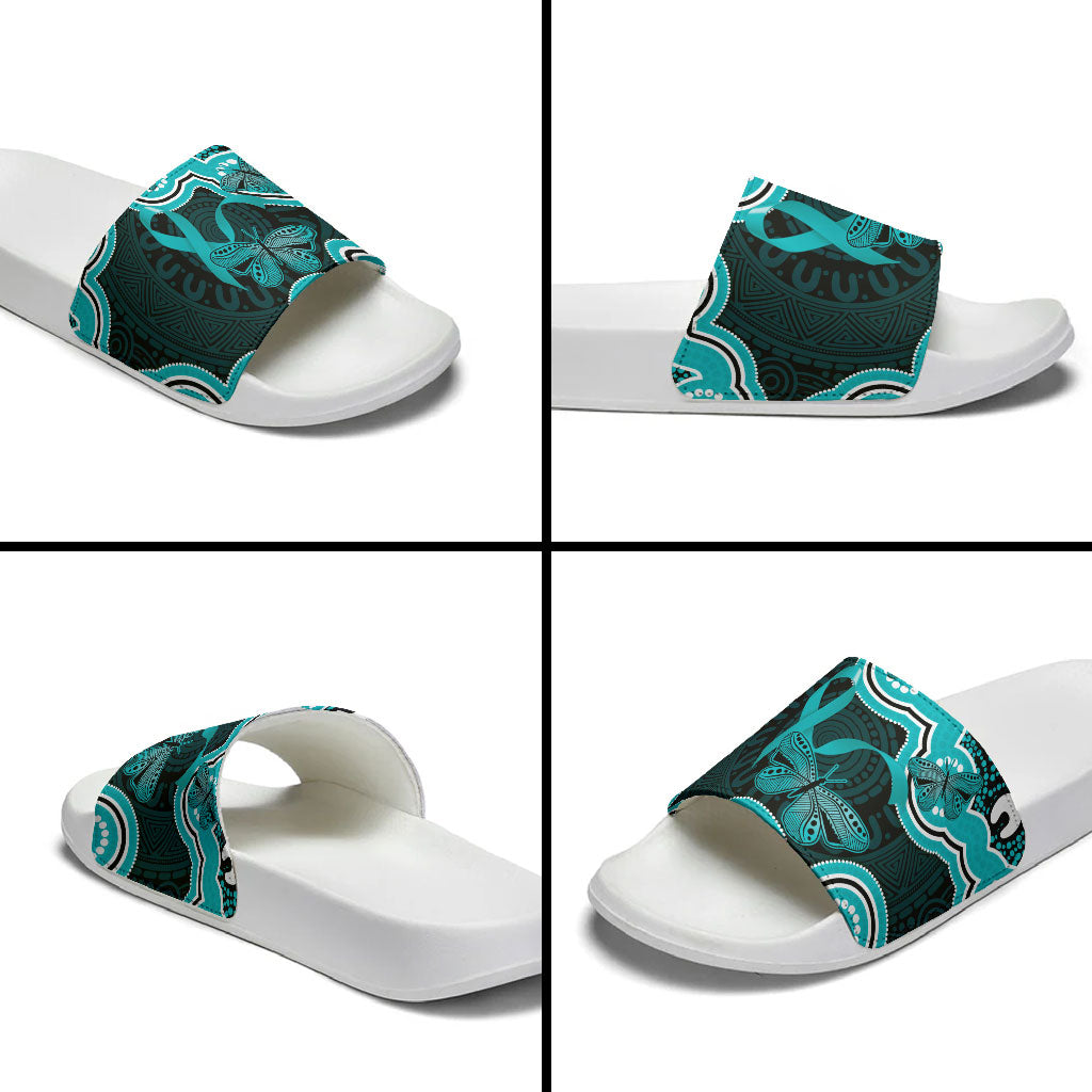 Cyan Ribbon PTSD Support Slide Sandals Aboriginal Art