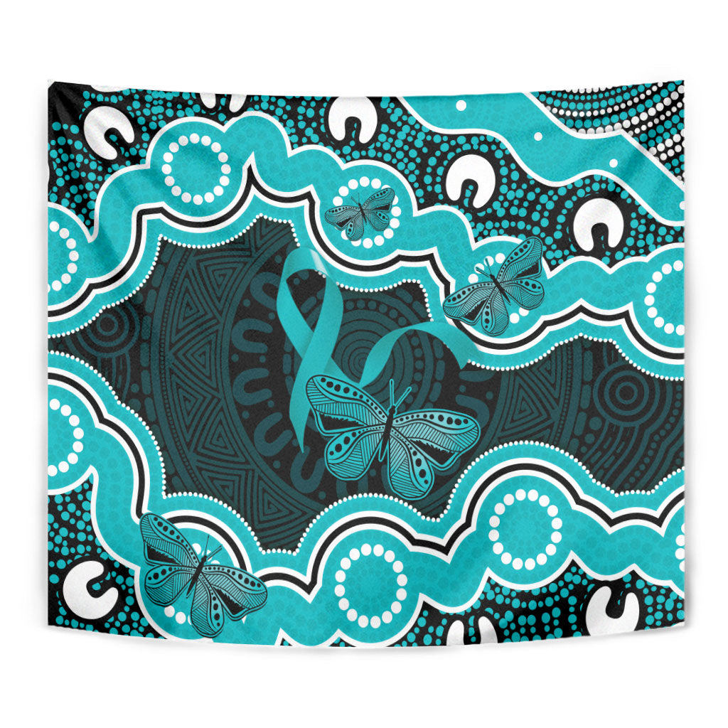 Cyan Ribbon PTSD Support Tapestry Aboriginal Art