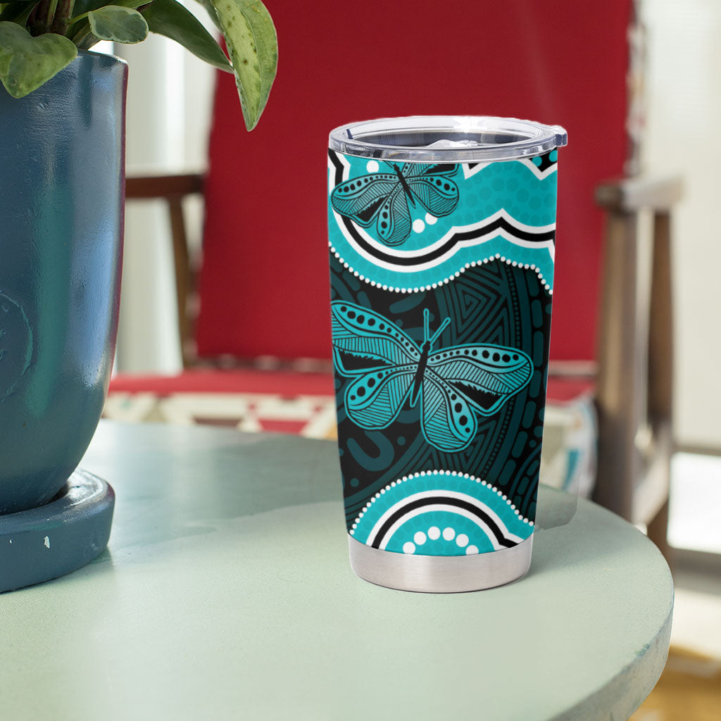 Cyan Ribbon PTSD Support Tumbler Cup Aboriginal Art