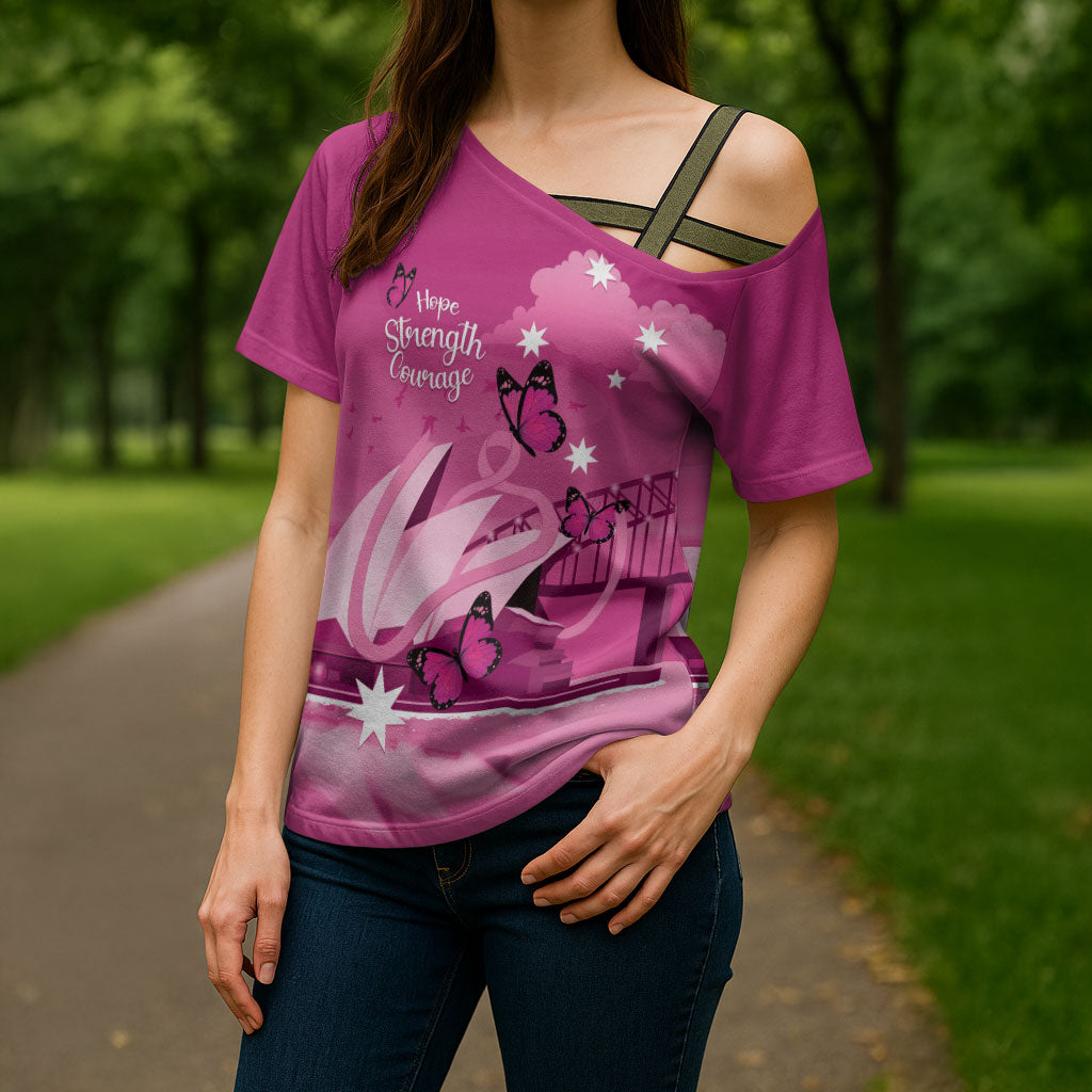 Personalised Australia Breast Cancer Support Cross Shoulder Shirt Sydney Opera House Butterfly Pink Ribbon