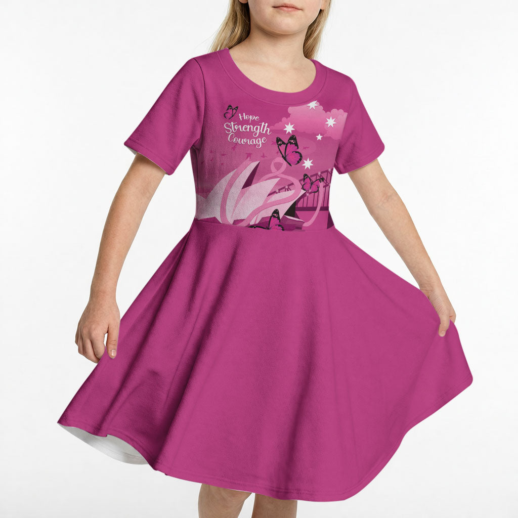 Personalised Australia Breast Cancer Support Kid Short Sleeve Dress Sydney Opera House Butterfly Pink Ribbon