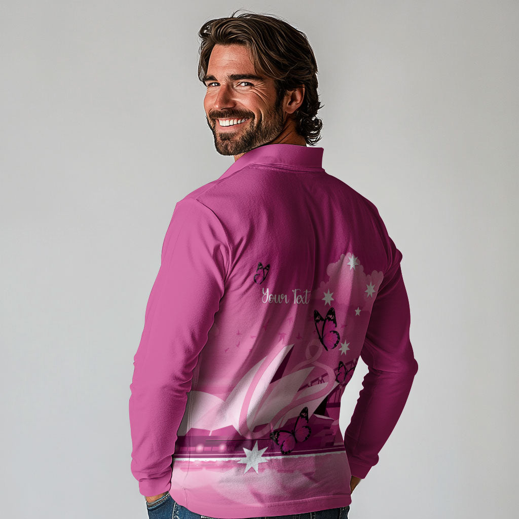 Personalised Australia Breast Cancer Support Long Sleeve Polo Shirt Sydney Opera House Butterfly Pink Ribbon