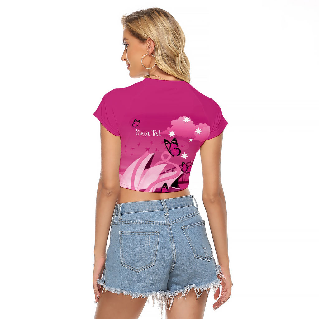 Personalised Australia Breast Cancer Support Raglan Cropped T Shirt Sydney Opera House Butterfly Pink Ribbon