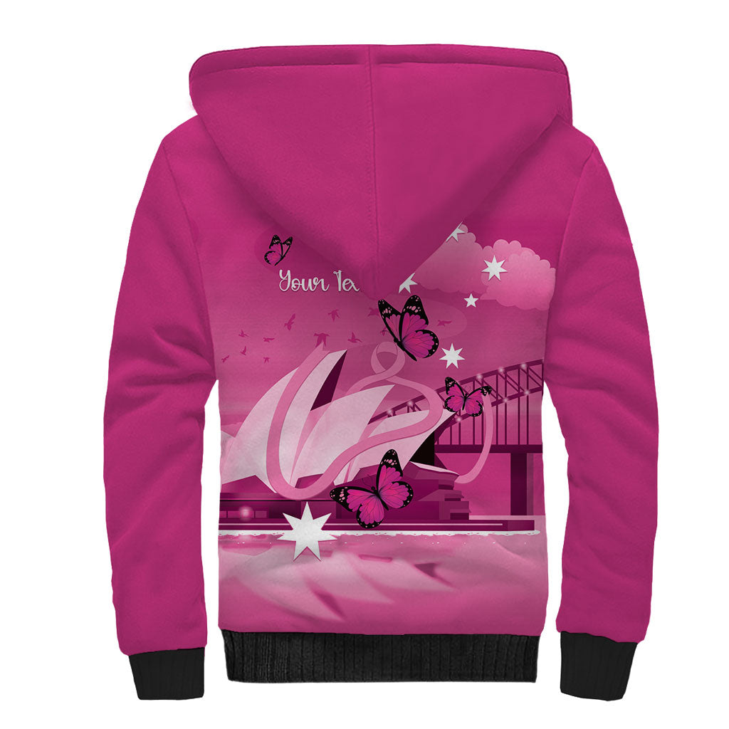 Personalised Australia Breast Cancer Support Sherpa Hoodie Sydney Opera House Butterfly Pink Ribbon