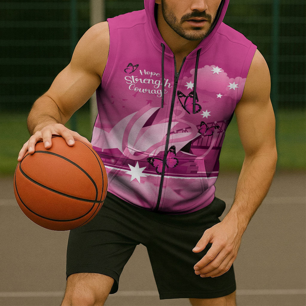 Personalised Australia Breast Cancer Support Sleeveless Zip Hoodie Sydney Opera House Butterfly Pink Ribbon