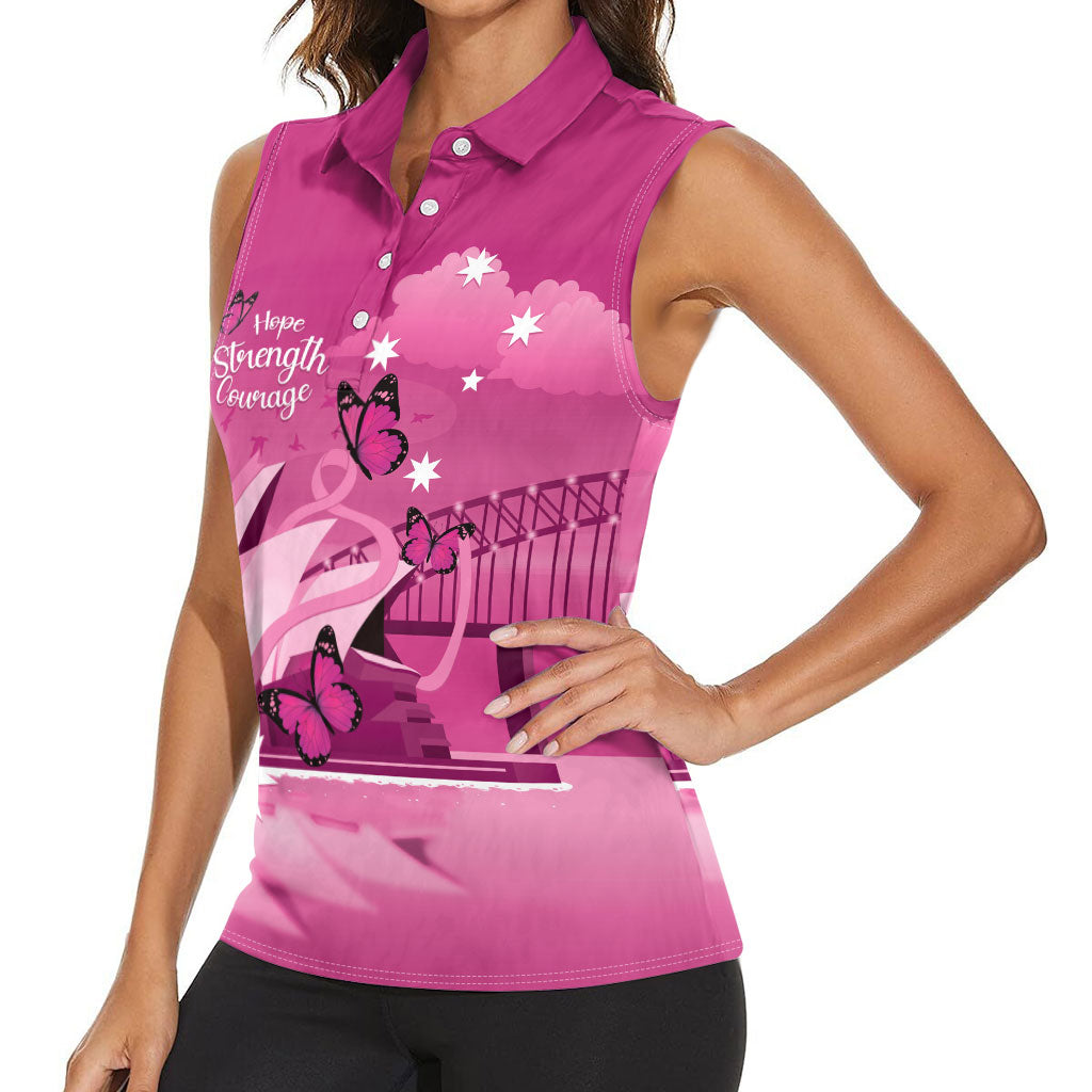 Personalised Australia Breast Cancer Support Women Sleeveless Polo Shirt Sydney Opera House Butterfly Pink Ribbon