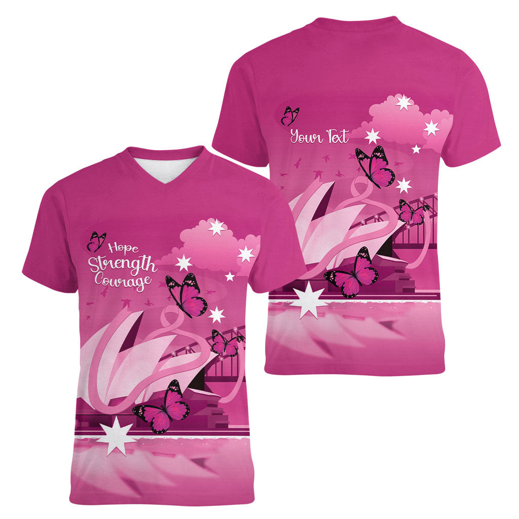 Personalised Australia Breast Cancer Support Women V-Neck T-Shirt Sydney Opera House Butterfly Pink Ribbon