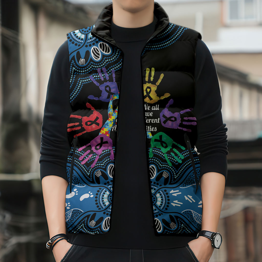 Autism Support Australia Indigenous Sleeveless Puffer Jacket We All Have Different Abilities