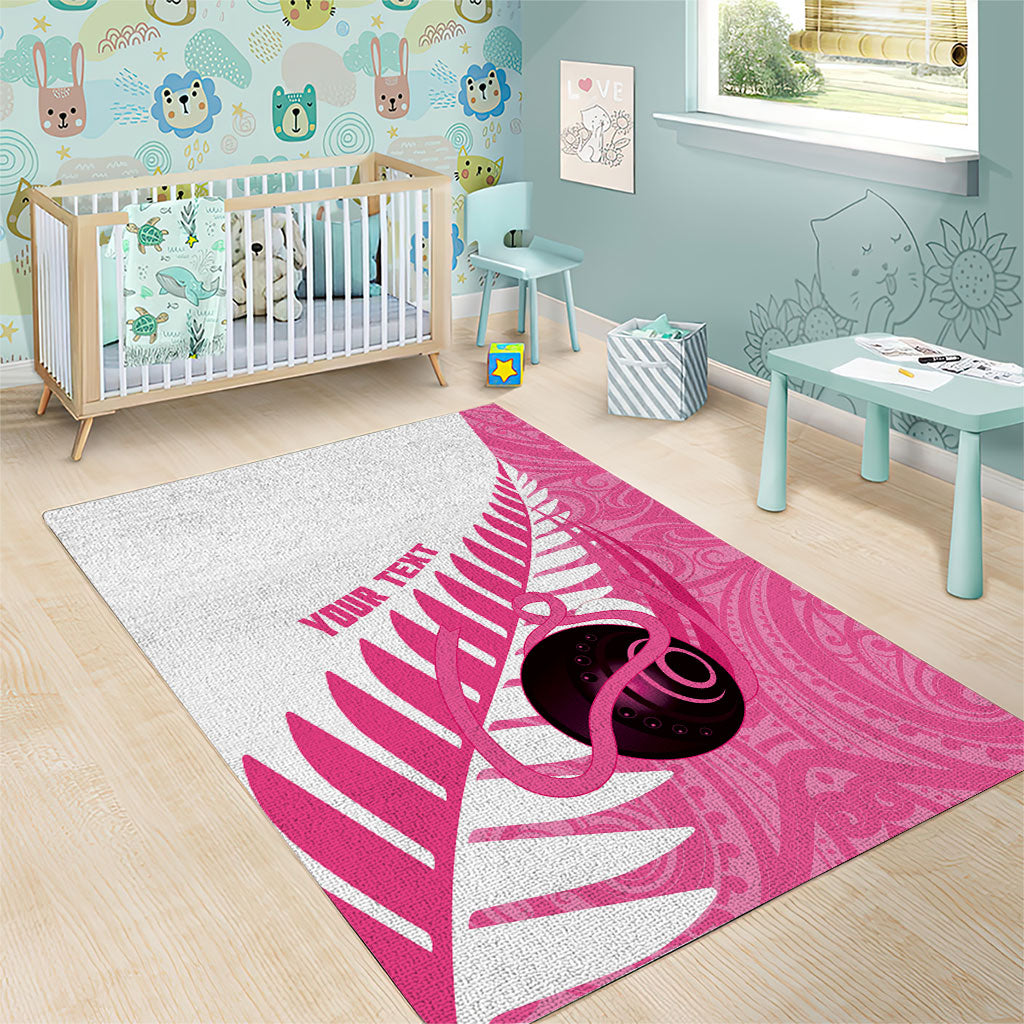 New Zealand Lawn Bowls Breast Cancer Custom Area Rug Aotearoa Maori Silver Fern Pink Ribbon