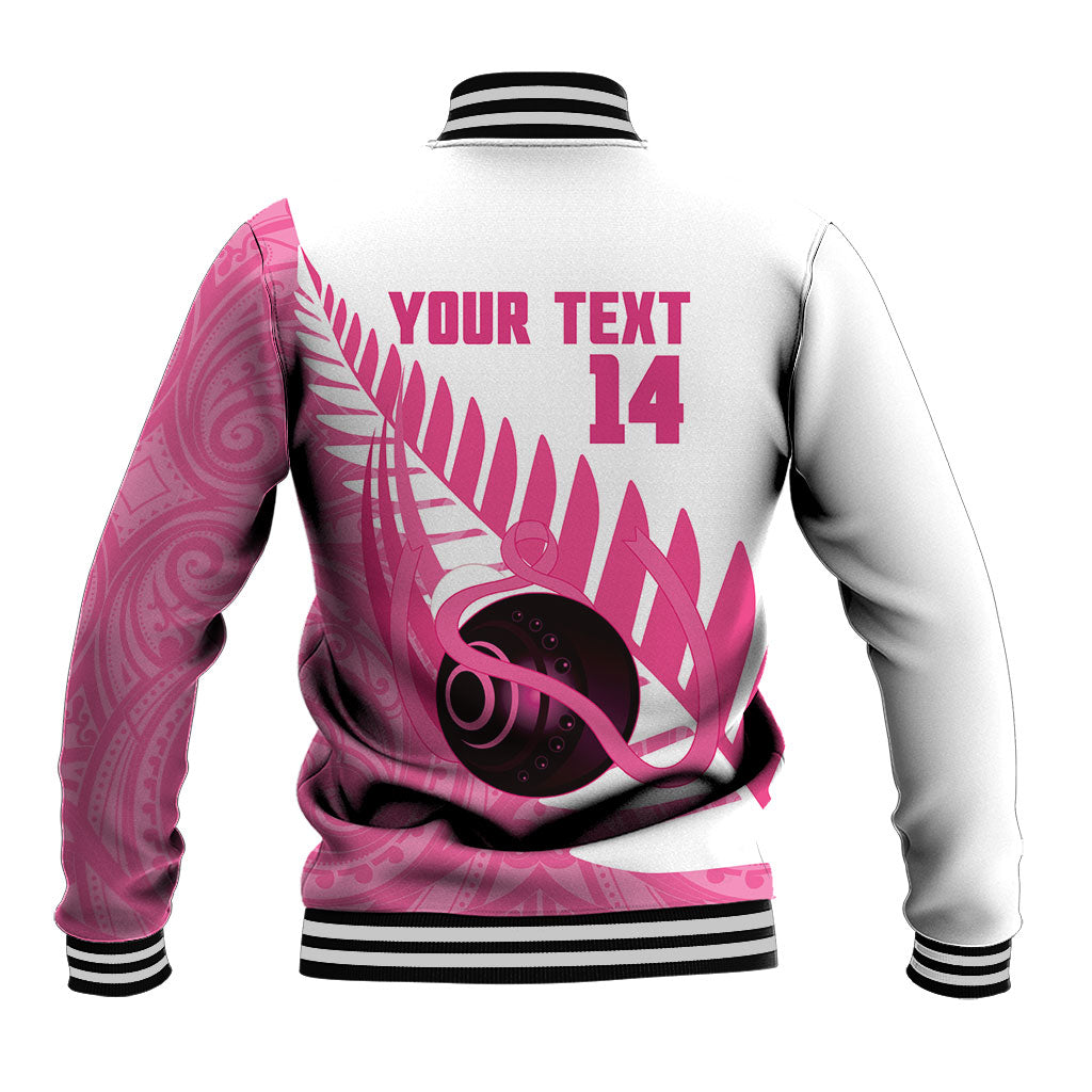 New Zealand Lawn Bowls Breast Cancer Custom Baseball Jacket Aotearoa Maori Silver Fern Pink Ribbon